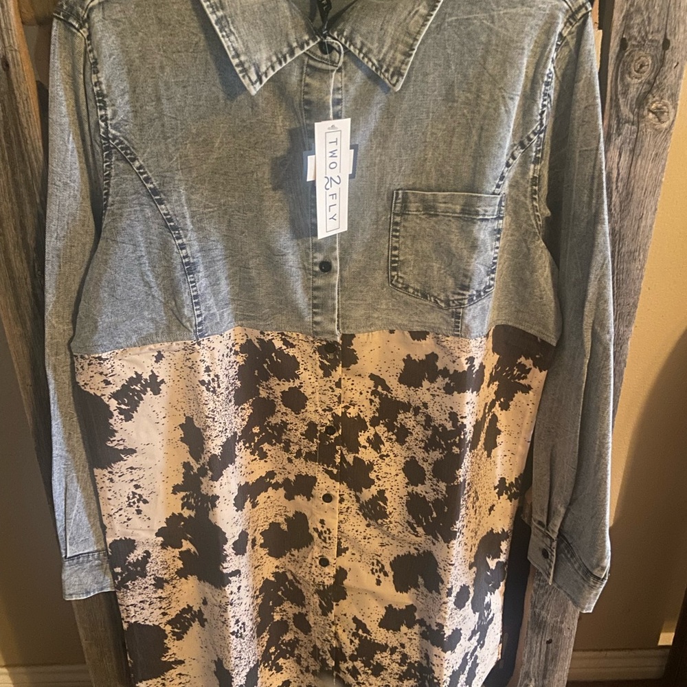 Cowhide print and denim shirt dress
